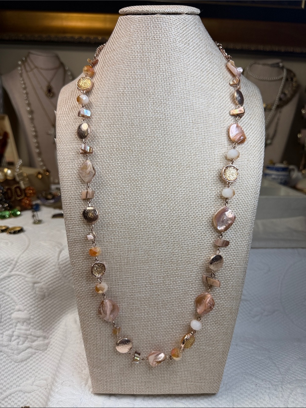 Peach and Gold Shell Station Necklace